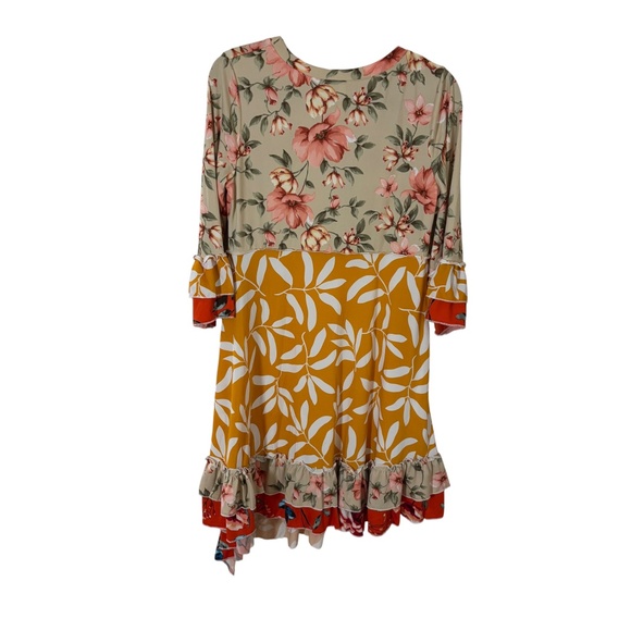 Celeste Mixed Floral Patchwork Ruffle Hem Dress Medium orange tan pink boho - Picture 7 of 12